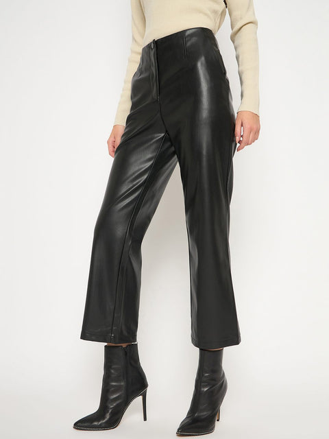 Madame Straight Fit Solid Black Faux Leather Trouser