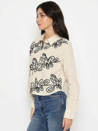 Madame Dori Embroidered Beige Cotton Shirt
