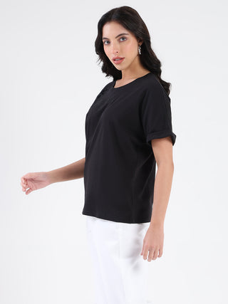 Madame Embroidery Cutwork Detail Solid Black Cotton T-shirt