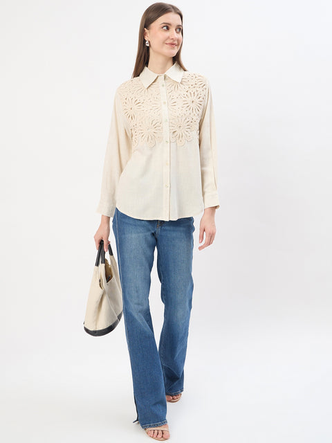 Madame Embroidery Patchwork Beige Viscose Shirt