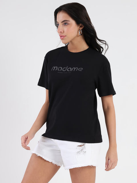 Madame Swarovski and Print Sticker Black Cotton T-shirt