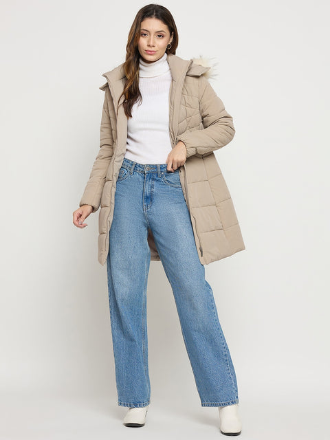 Madame Beige Quilted High Neck Full Sleeve Midi Jacket