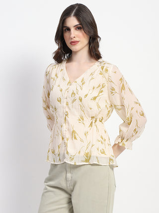 Madame Abstract Print V- Neck Olive Rayon Top
