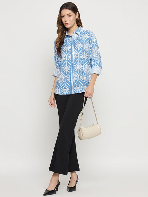 Madame Blue Printed Rayon Full Sleeve Shirt
