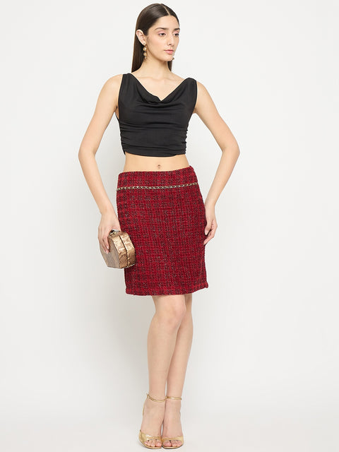 Madame Maroon Textured Tweed Mini Skirt