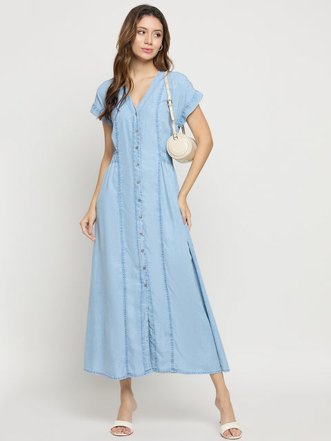 Madame Ice Blue Tencel V-Neck Short Sleeve A-Line Midi Dress