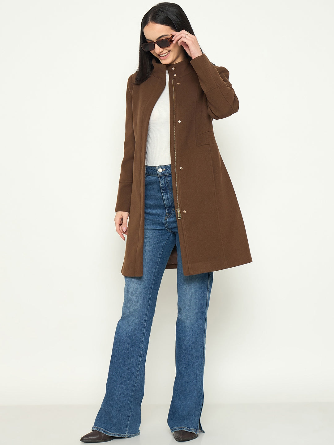 Madame Brown Mock Neck Long Coat with Buttons color swatch