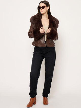 Madame Faux Fur Notch Lapel Collar Brown PU Leather Jacket