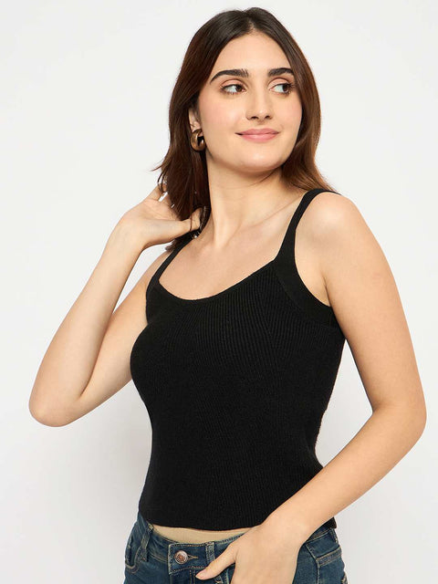 Madame Sleeveless Solid Black Ribbed Knit Sweater