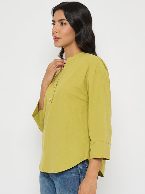 Madame Button Detail Solid Green Cotton Top