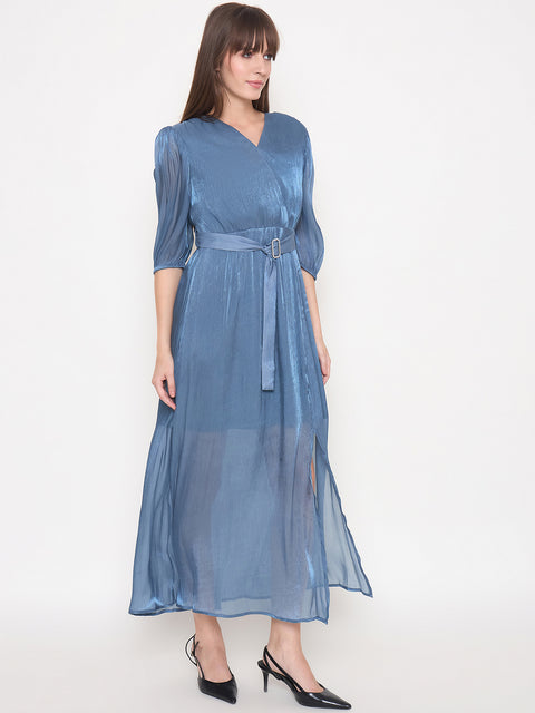 Madame Wrinkled Lurex Self Design Belted Blue Maxi Dress