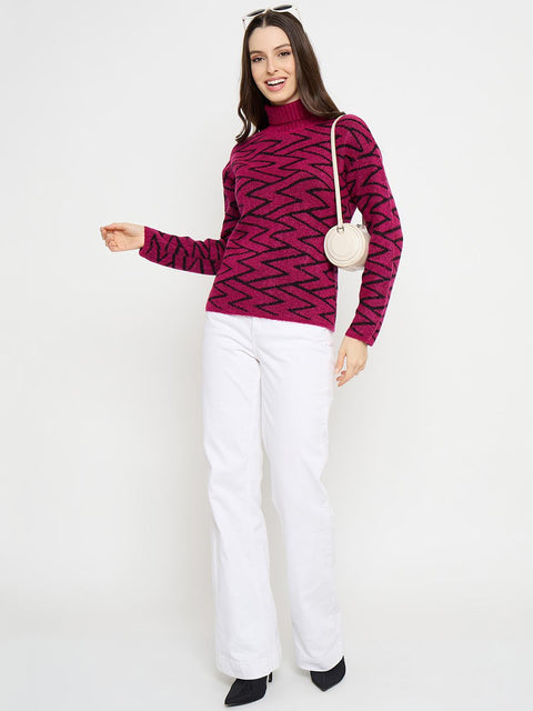 Madame Geometric Print High Neck Fuchsia Pink Sweater
