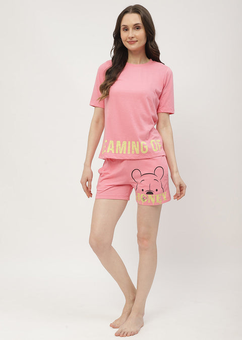 mSECRET Disney Pooh Printed T-shirt with Shorts Pink Nightsuit