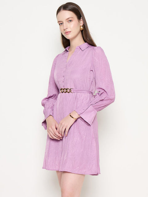 Madame Flounce Sleeved Belted Mauve Mini Dress