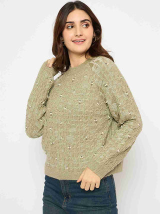 Madame Cable Knit Pearl Embellished Green Sweater