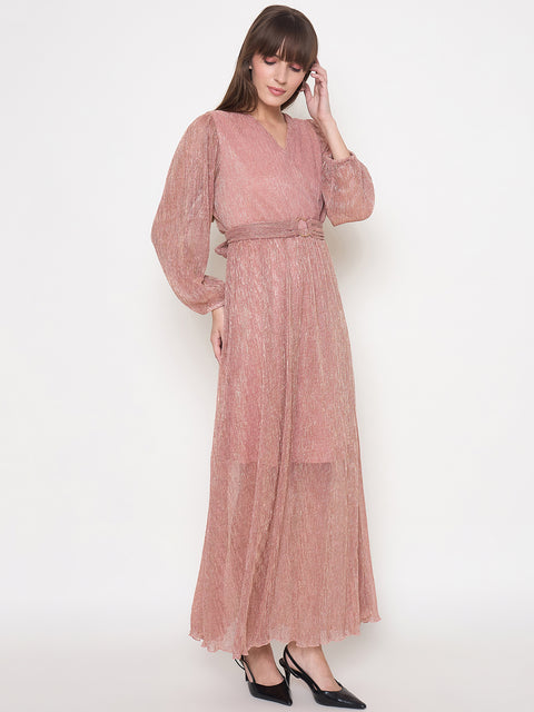 Madame Pliss Self Design Belted Rose Gold Flared Maxi Dress