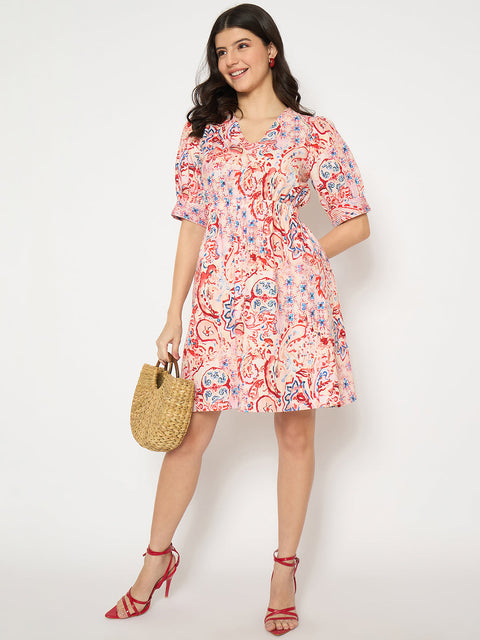 Madame Paisley Print Elasticated Waist Red Cotton Dress