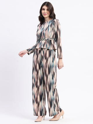 Madame Knit Moss Printed Belted Top And Bottom Beige Co-Ord Set