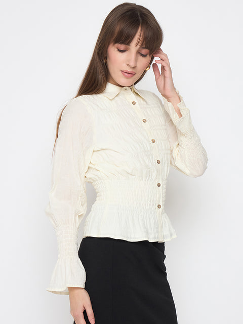 Madame Smocked Waist Off White Peplum Shirt