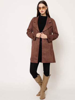 Madame Brown Trench Coat with Notch Lapel Neckline and Belt