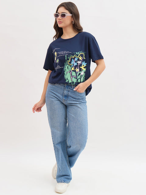 Madame Navy Graphic Print Cotton Half Sleeve T-Shirt