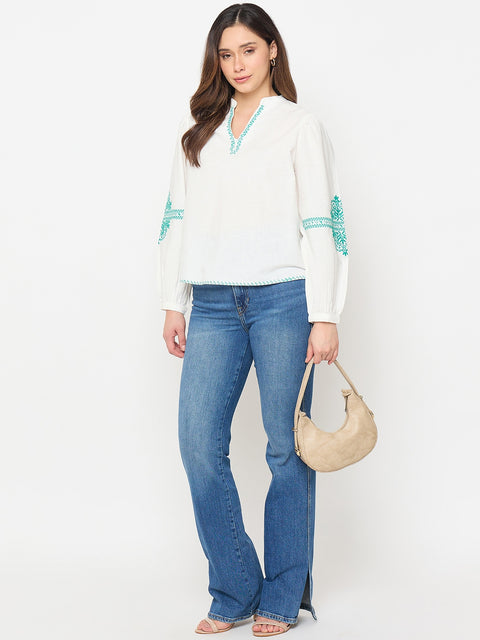Madame Cotton Blend Balloon Sleeve White Top