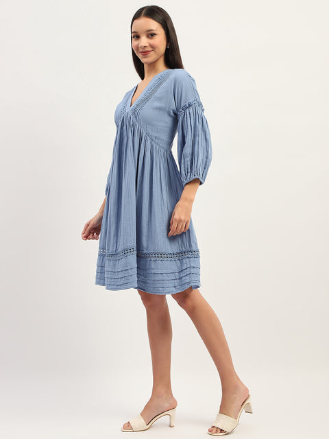 Madame Puff Sleeve Fit And Flare Cotton Blue Midi Dress