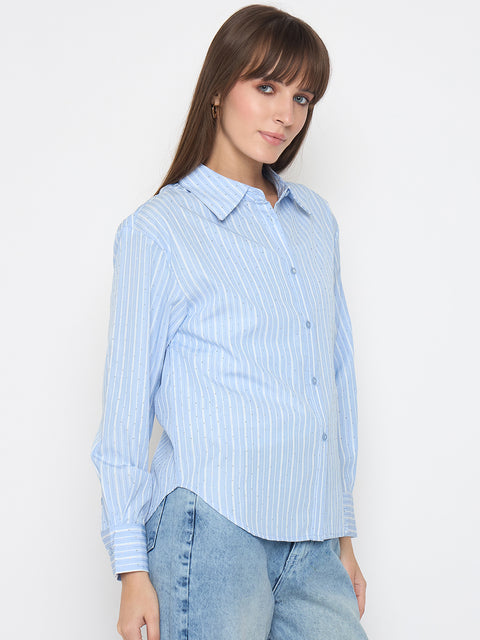 Madame Striped Cuff Sleeve with Shirt Collar Blue Shirt