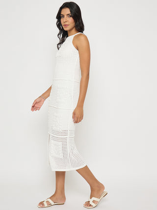 Madame Shanaya Kapoor Geometric Pattern Halter Neck White Midi Dress