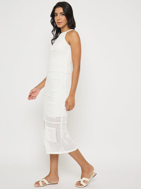 Madame Geometric Pattern Halter Neck White Midi Dress