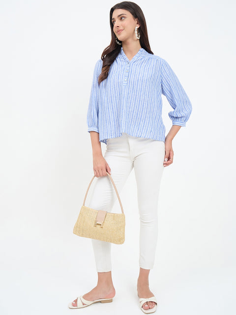 Madame Blue Striped Mandarin Top