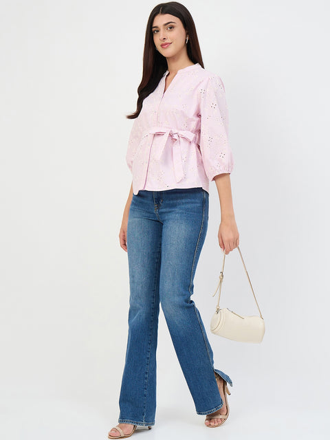 Madame Pink Belted Cotton Mandarin-Collar Top