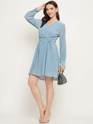 Madame Surplice Neck Blue Mini Dress