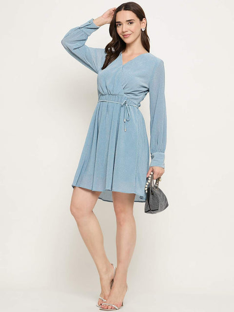 Madame Surplice Neck Blue Mini Dress