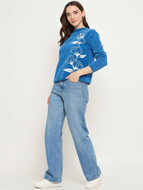 Madame Floral Print Blue Pullover Sweater