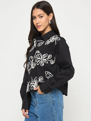 Madame Dori Embroidery Detailed Solid Black Cotton Shirt