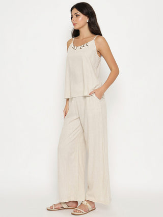 Madame Sleeveless Top and Straight Bottom Beige Co-ord Set