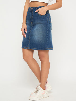 Madame Stone Wash Mid Blue Cotton Blend Mini Denim Skirt
