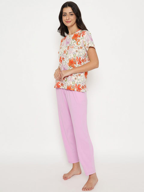 mSECRET Botanical Print Top and Solid Bottoms Lavender Night Suit