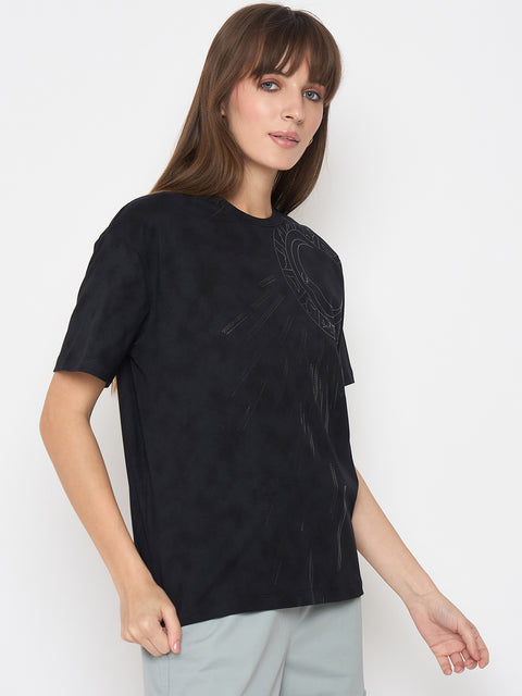 Madame Swarovski Detailed Graphic Print Charcoal Black Tshirt