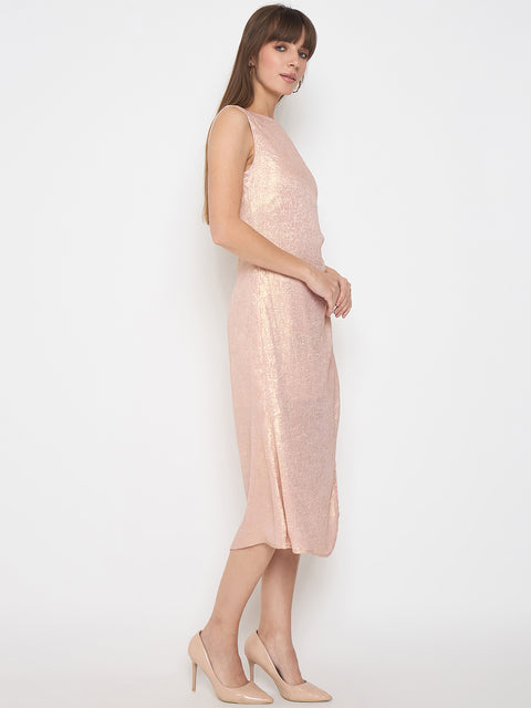 Madame Textured Front Ruched Peach Midi Dress