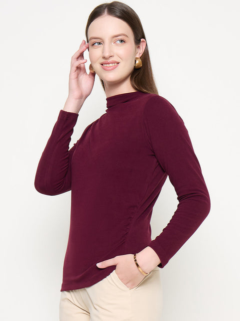 Madame Funnel Neck Full Sleeve Seam Detailed Solid Maroon Knitted Top