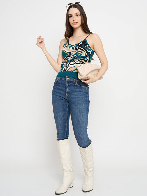 Madame Abstract Print Teal Cami Crop Sweater