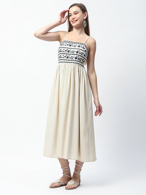 Madame Floral Embroidered Sleeveless Off White Midi Dress