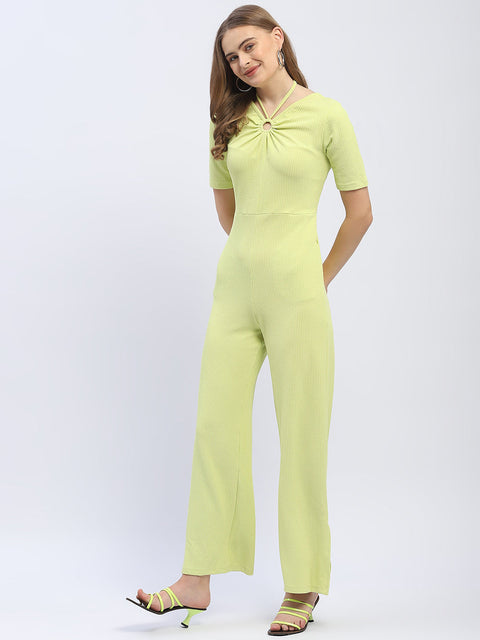 Madame Halter Neck Neon Green Ribbed Jumpsuit