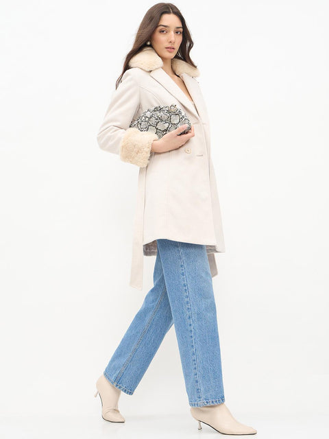 Madame Notch Lapel Neckline Belted Beige Long Coat