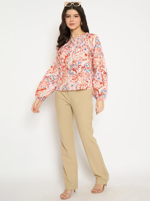 Madame Smocking Detailed Printed Red Cotton Top