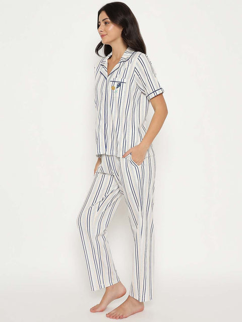mSECRET Striped Top and Bottom Off-White Cotton Night Suit