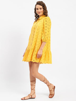 Madame Schiffli Mustard Yellow Tiered Shirt Dress
