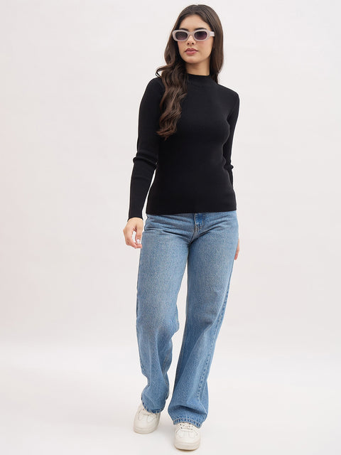 Madame Black Viscose Blend Full-Sleeve Basic Top